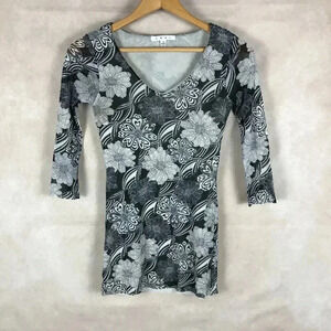 CAbi Classic Vintage Black/White Floral Nylon Mesh Top Size SMALL